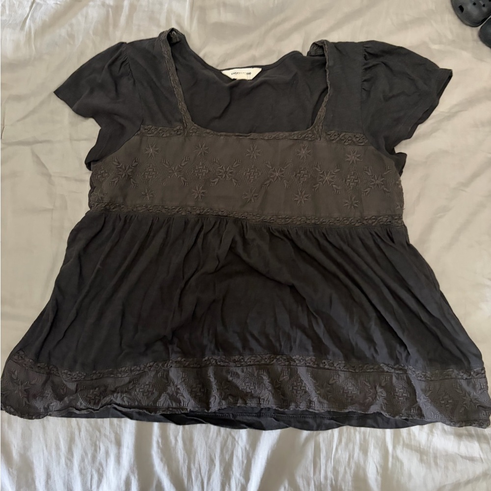 Lucky Brand Black Embroidered Layered Short Sleeve Tunic